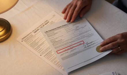 Beneficiary reviewing term life insurance documents and claim forms after policyholder death