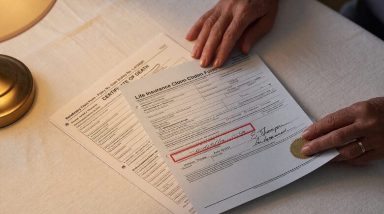 Beneficiary reviewing term life insurance documents and claim forms after policyholder death