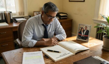 Small business owner reviewing term life insurance options at desk with documents and laptop