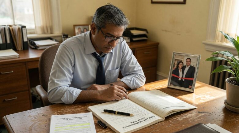 Small business owner reviewing term life insurance options at desk with documents and laptop