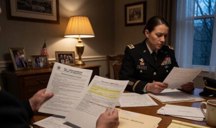 Servicemember in uniform reviewing term life insurance documents with family