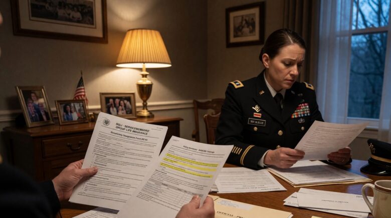 Servicemember in uniform reviewing term life insurance documents with family