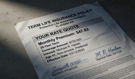 Young parents holding newborn baby while reviewing term life insurance documents