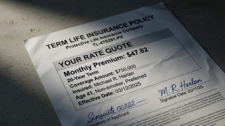 Young parents holding newborn baby while reviewing term life insurance documents