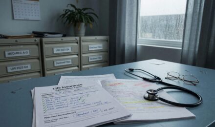 Term life insurance underwriter reviewing non-medical factors like occupation, driving record, and financial history alongside medical records