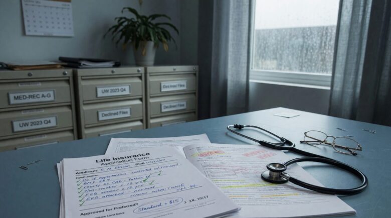 Term life insurance underwriter reviewing non-medical factors like occupation, driving record, and financial history alongside medical records