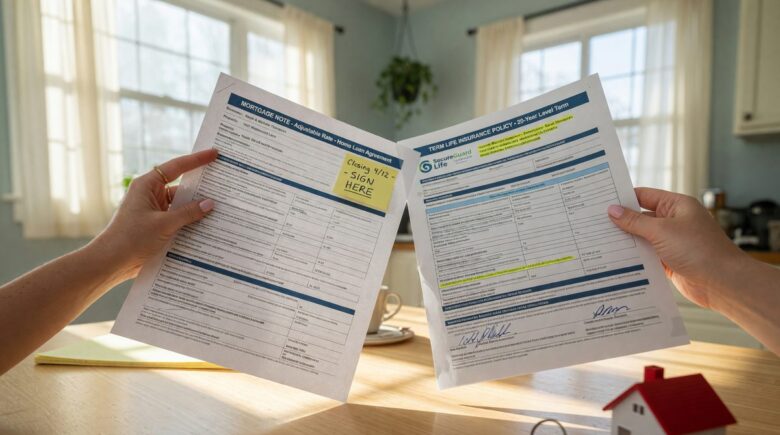 Comparison of term life insurance and mortgage protection insurance policy documents with cost breakdown