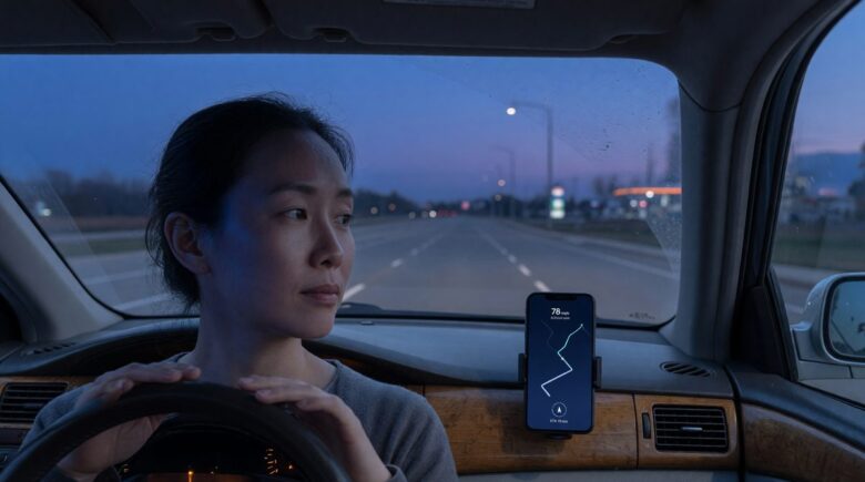 Smartphone displaying car insurance telematics data and driving behavior metrics