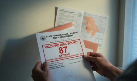 Map showing wildfire risk zones overlaid with homeowners insurance rate data and risk score metrics