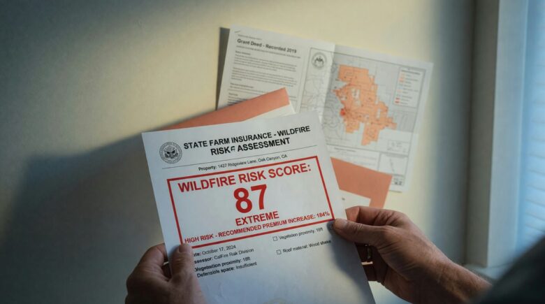 Map showing wildfire risk zones overlaid with homeowners insurance rate data and risk score metrics