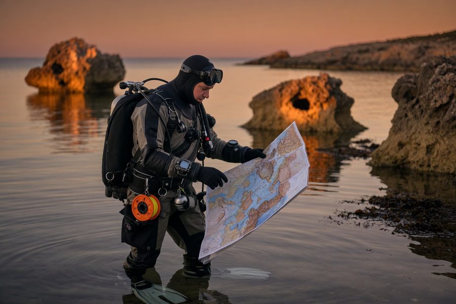 Diver checking depth gauge with insurance policy wording overlay