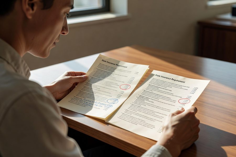 Auto insurance card and DMV registration forms next to a calendar with a 30-day deadline highlighted.