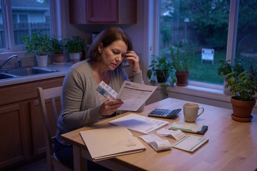 Calculator beside a health insurance card and a termination letter