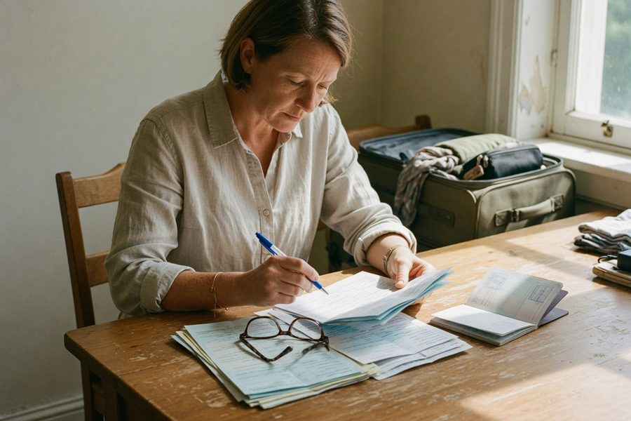Traveler reading a policy booklet with a highlighted covered reasons section