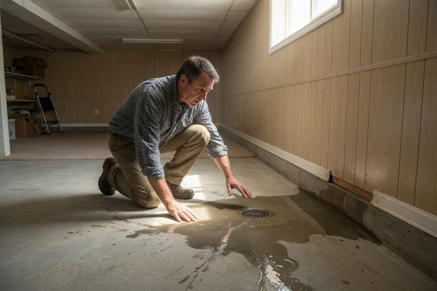 Water seeping through a finished basement wall after heavy rain