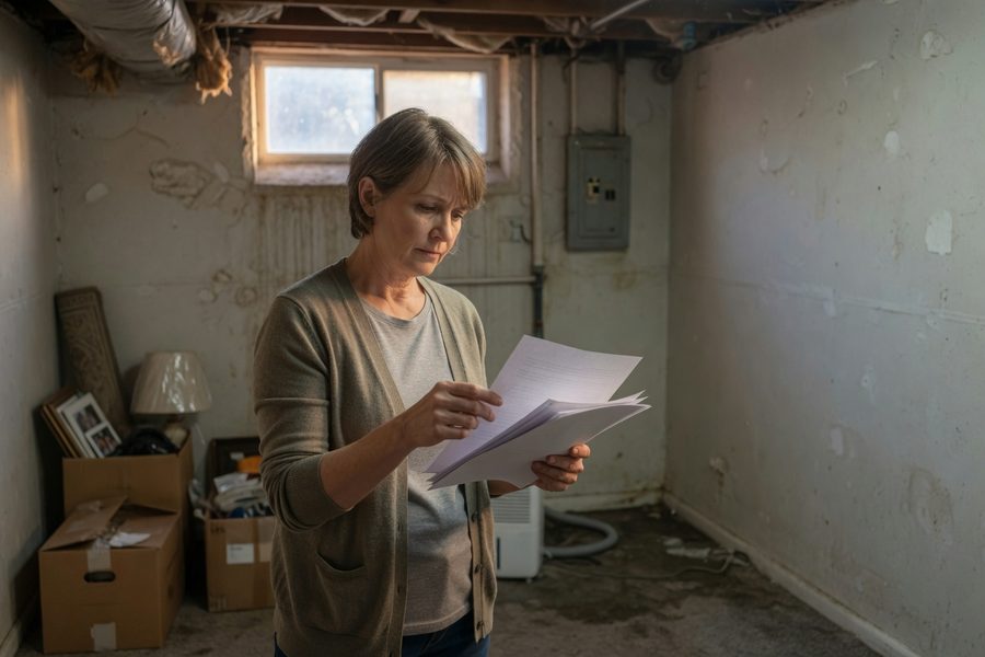 Homeowner reviewing insurance policy documents at a kitchen table