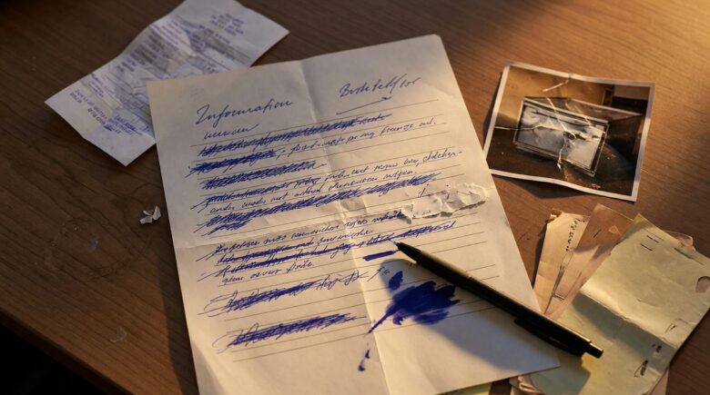 Person reviewing insurance policy documents and filling out a claim form at a desk