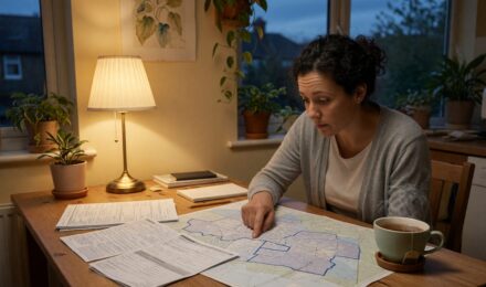 Homeowner reviewing flood insurance policy documents with layers of coverage outlined