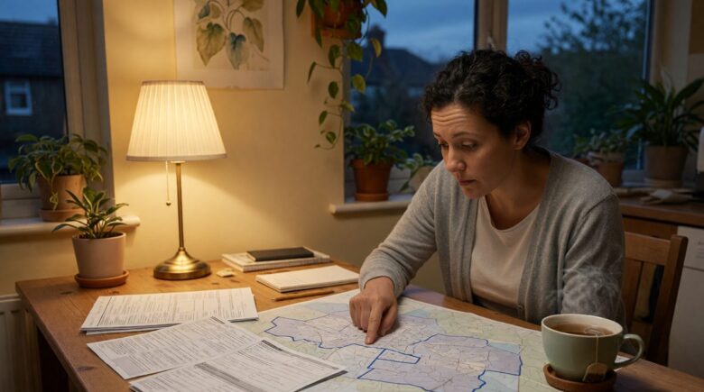 Homeowner reviewing flood insurance policy documents with layers of coverage outlined