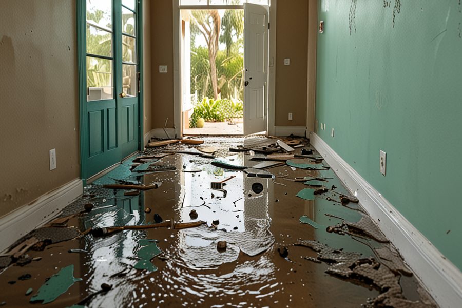 Homeowner reviewing storm damage with a smartphone and notebook