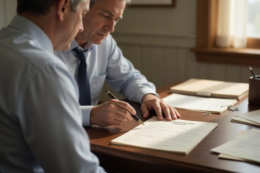Insurance agent reviewing policy documents at a desk with a customer