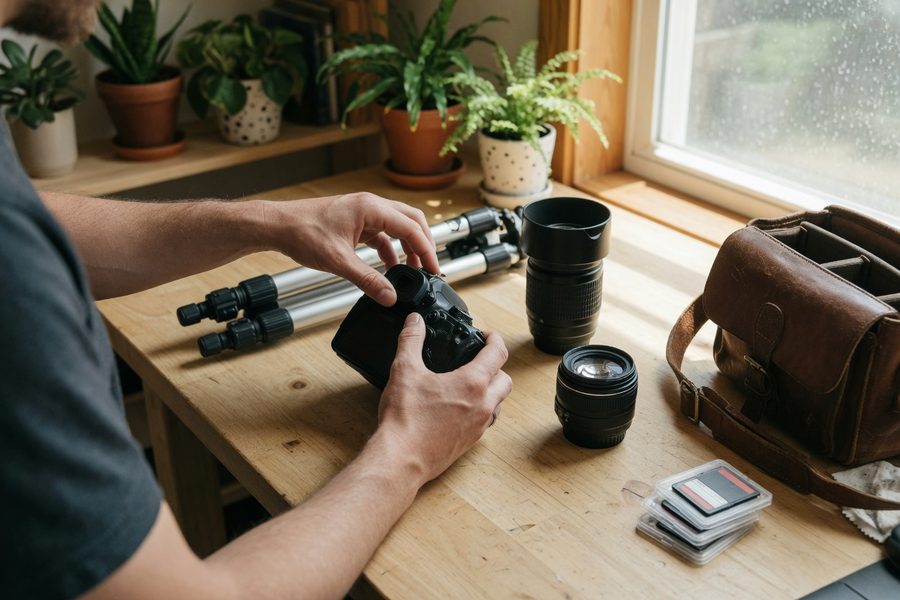 Gig worker's photography equipment laid out for inventory