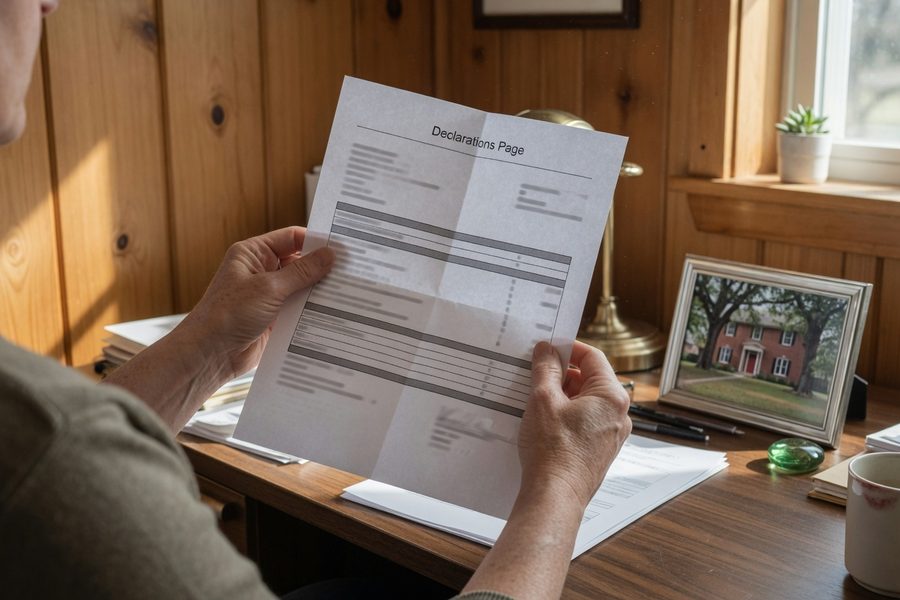 Insurance agent explaining a policy with a guaranteed replacement cost add-on at a kitchen table