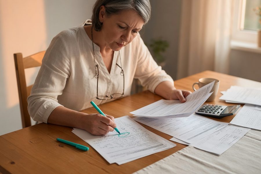 Calculator and a home insurance policy on a desk with construction cost reports
