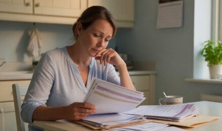 Family reviewing health insurance plan documents and comparing enrollment options at kitchen table