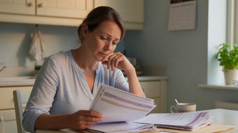 Family reviewing health insurance plan documents and comparing enrollment options at kitchen table