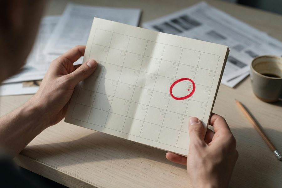 Calendar marked with life events like a new baby and a job change circled in red.