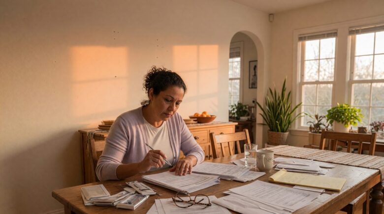 Homeowner reviewing insurance policy documents at desk with calculator and pen