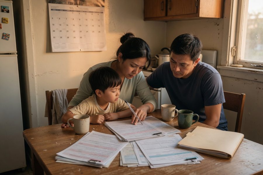 Family reviewing health plan options at kitchen table