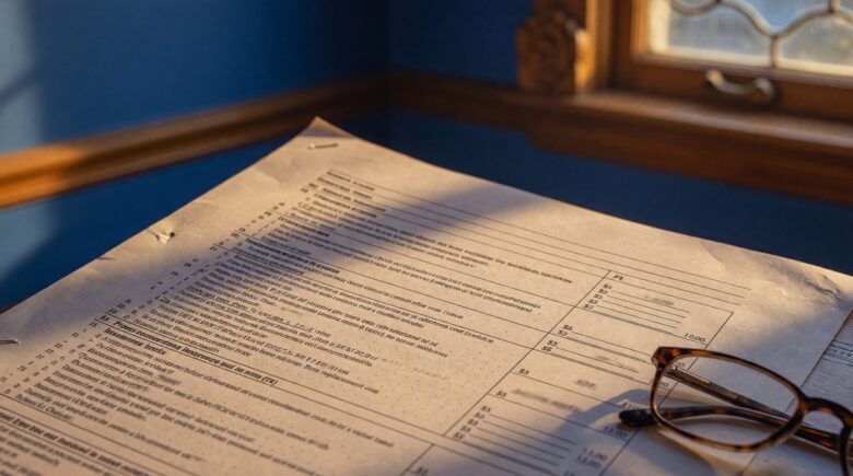 Calculator and home insurance policy document showing coverage limits versus replacement cost