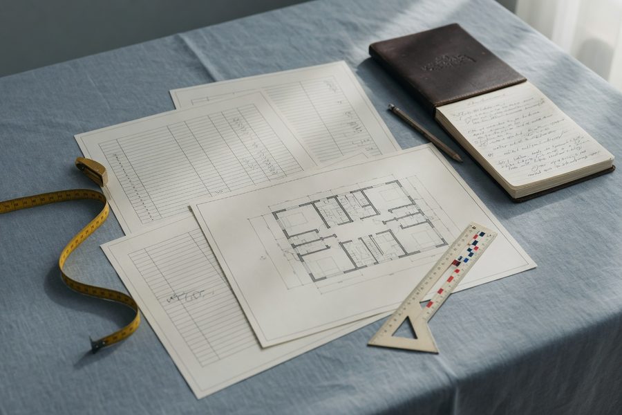 A calculator next to a blueprint with numbers showing rebuild costs per square foot