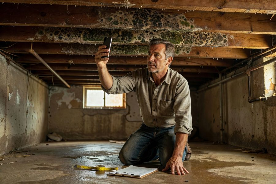 Homeowner photographing water damage and mold for insurance claim documentation