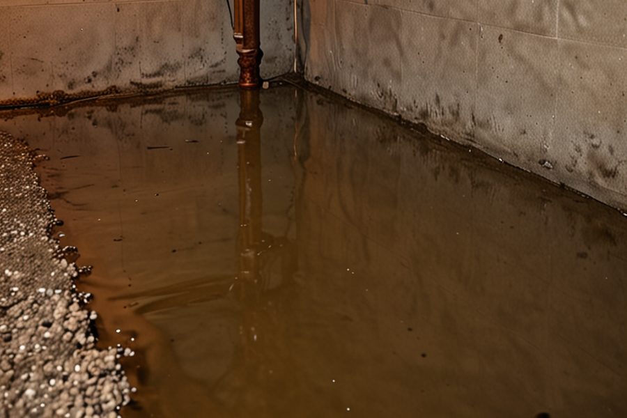 Photo: A flooded basement showing sewage water and debris.