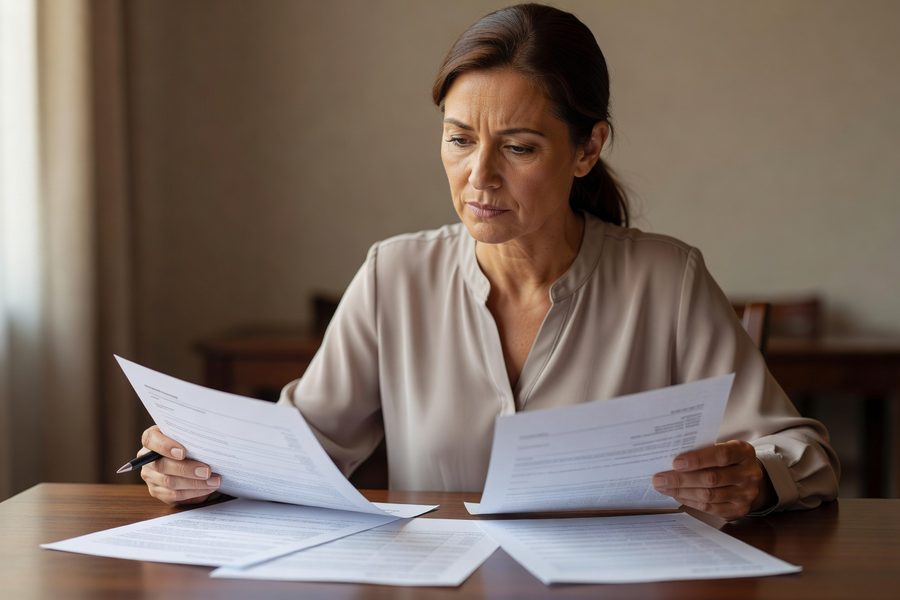 A person comparing two insurance documents side by side with a pen in hand