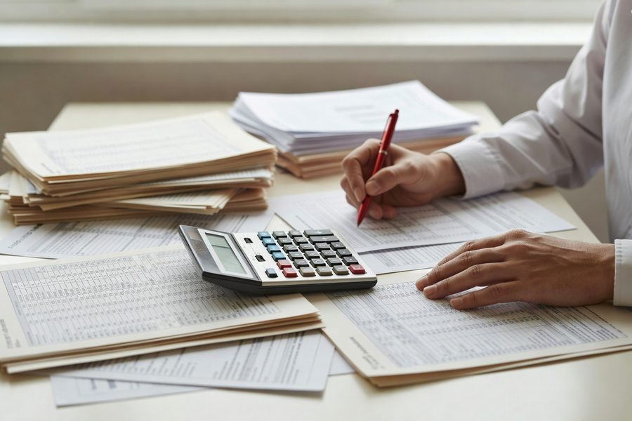 An actuary analyzing premium base rates with historical loss data on a screen.