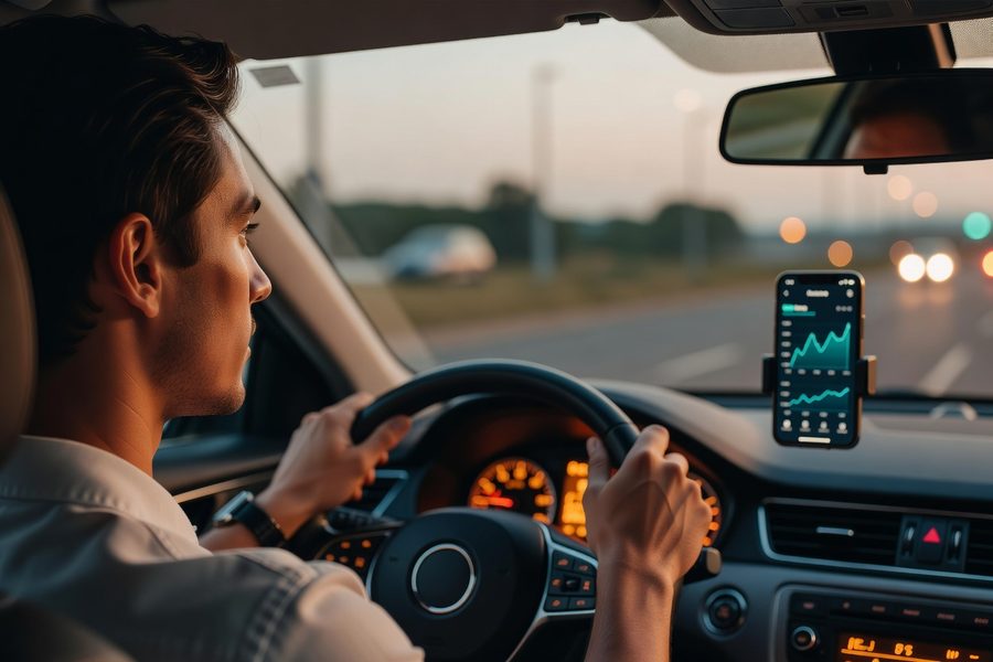 A smartphone showing a telematics app dashboard with safe-driving score.