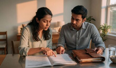 Young married couple reviewing insurance documents together at home