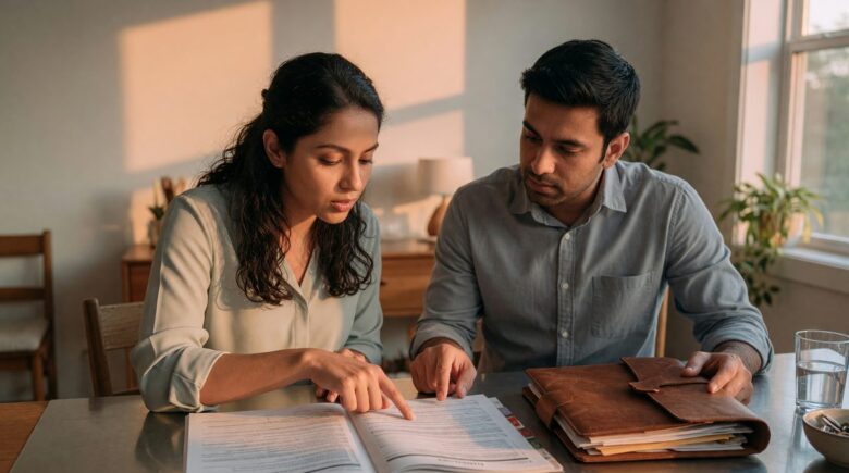 Young married couple reviewing insurance documents together at home