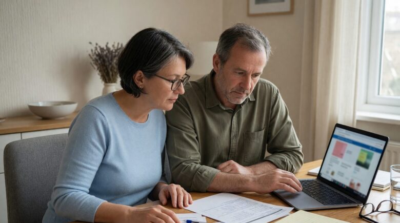 A self-employed couple reviewing marketplace health insurance plan options on a laptop