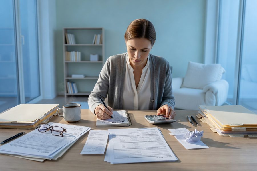 Self-employed couple reviewing income documents at kitchen table with laptop showing Healthcare.gov