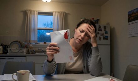 Document showing surprise medical bill with calculator and health insurance paperwork