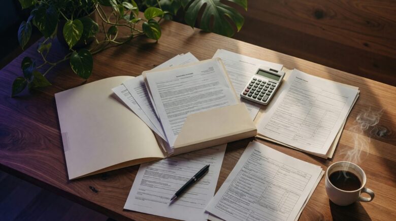 Middle-aged couple reviewing insurance documents and policy papers at home office desk