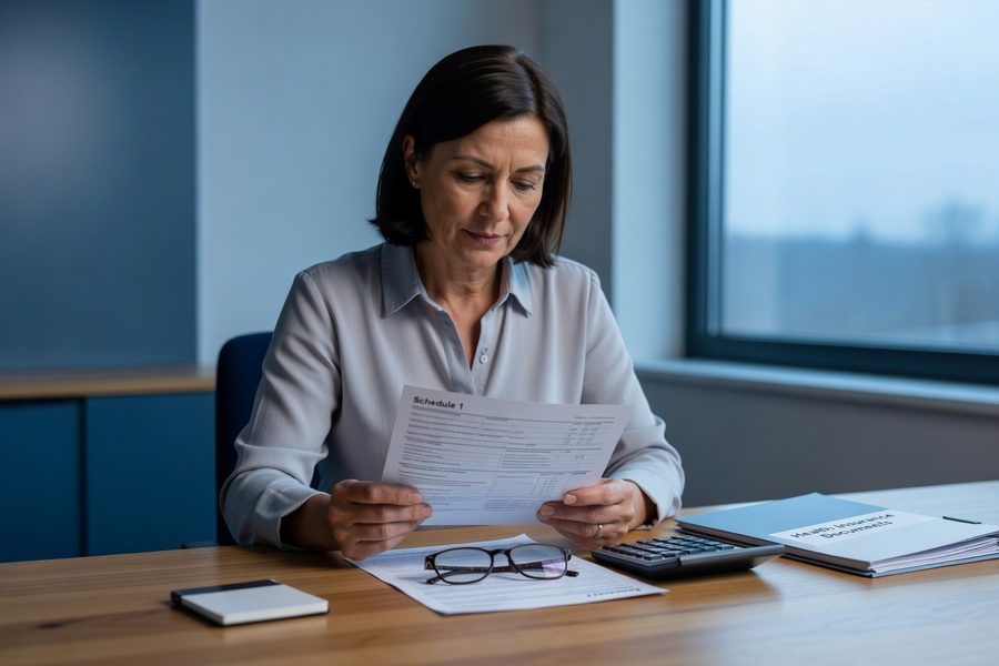 Tax form and calculator on desk with insurance policy papers