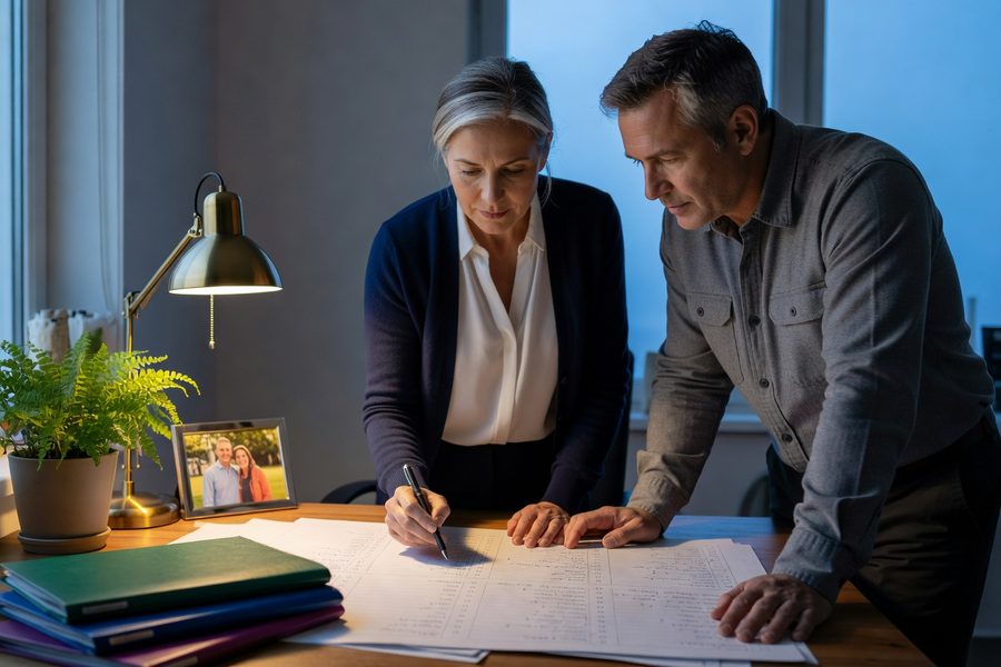 Couple speaking with insurance advisor while viewing policy document