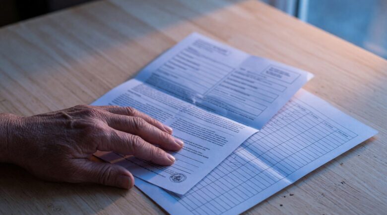 Single parent at desk reviewing insurance documents and bills with calculator
