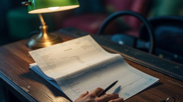 Document showing SR-22 insurance filing certificate with pen and calculator